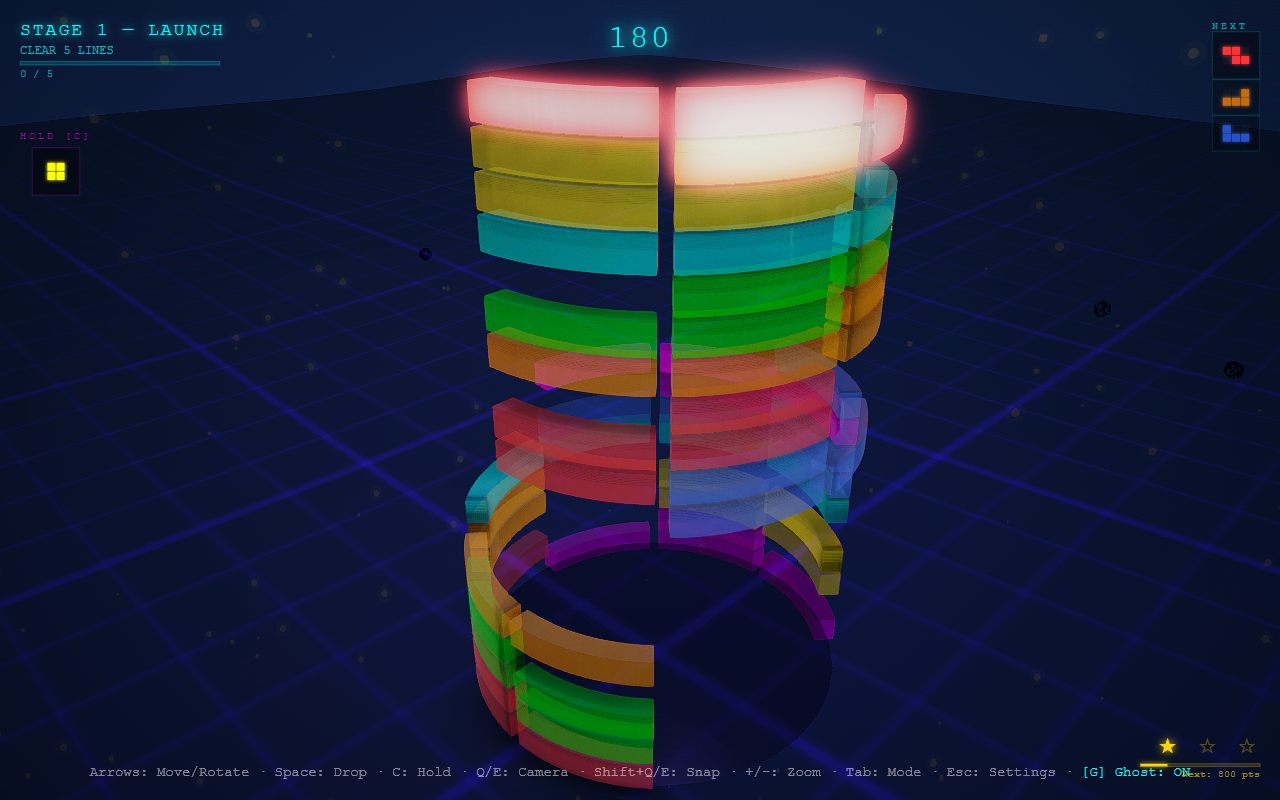 Cylindrical Tetris: translucent coloured blocks stacked around a glowing cylinder on a neon grid, with score and piece-queue HUD.